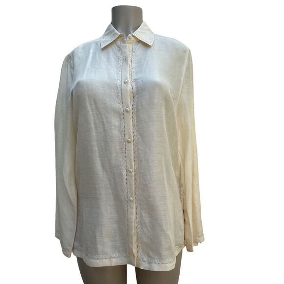 Talbots Blouse Top Womens Size 12 Cream Button-up Linen & Silk Blend Embroidered - Picture 1 of 15